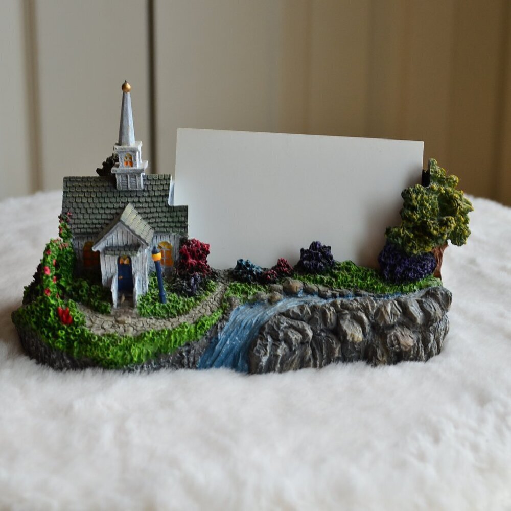 Thomas Kinkade Lighted Forest Chapel Church Inspirational/Business Card Holder